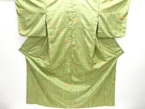 格子に草花模様織り出し米沢紬着物アンサンブル